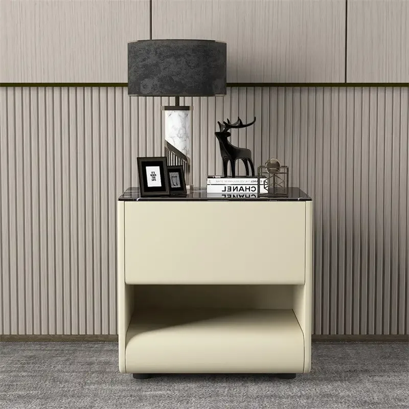 Luxury Leather Bedside Table Marble Tabletop Hidden Drawer Open Layer Storage Curved Edge Minimalist Bedroom Decor Nightstand
