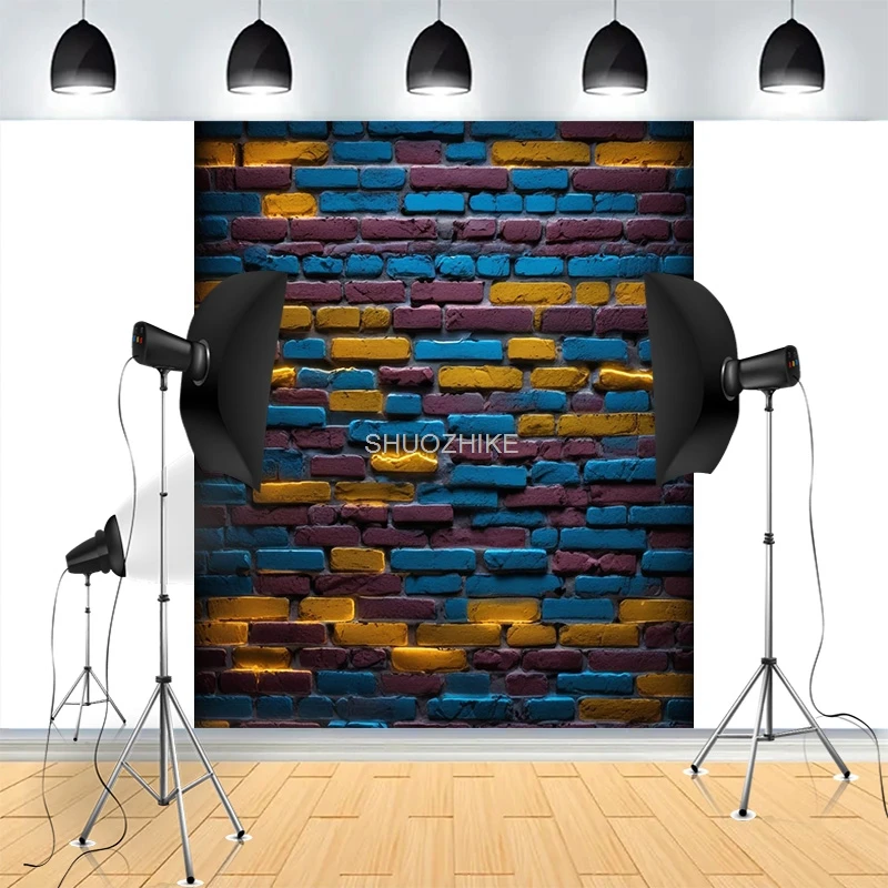 

Graffitistyle Rainbow Painted Brick Wall Background Damaged Rustic Texture Vibrant Grunge Photography Backdrops BK-16