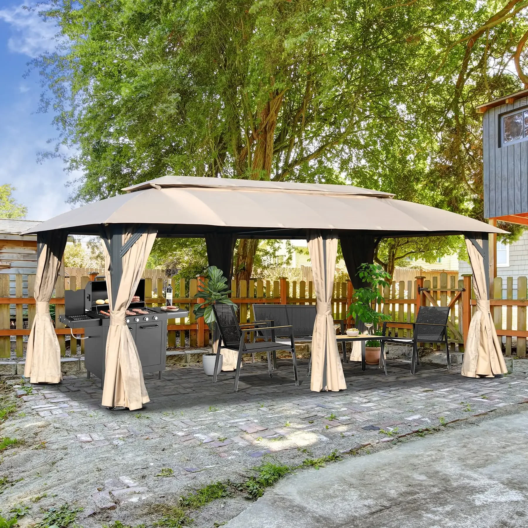 ！@Outdoor Heavy Duty Metal Frame Canopy&Gazebo Double Roofs with Privacy Curtains & Mosquito Nettings for Parties Patio