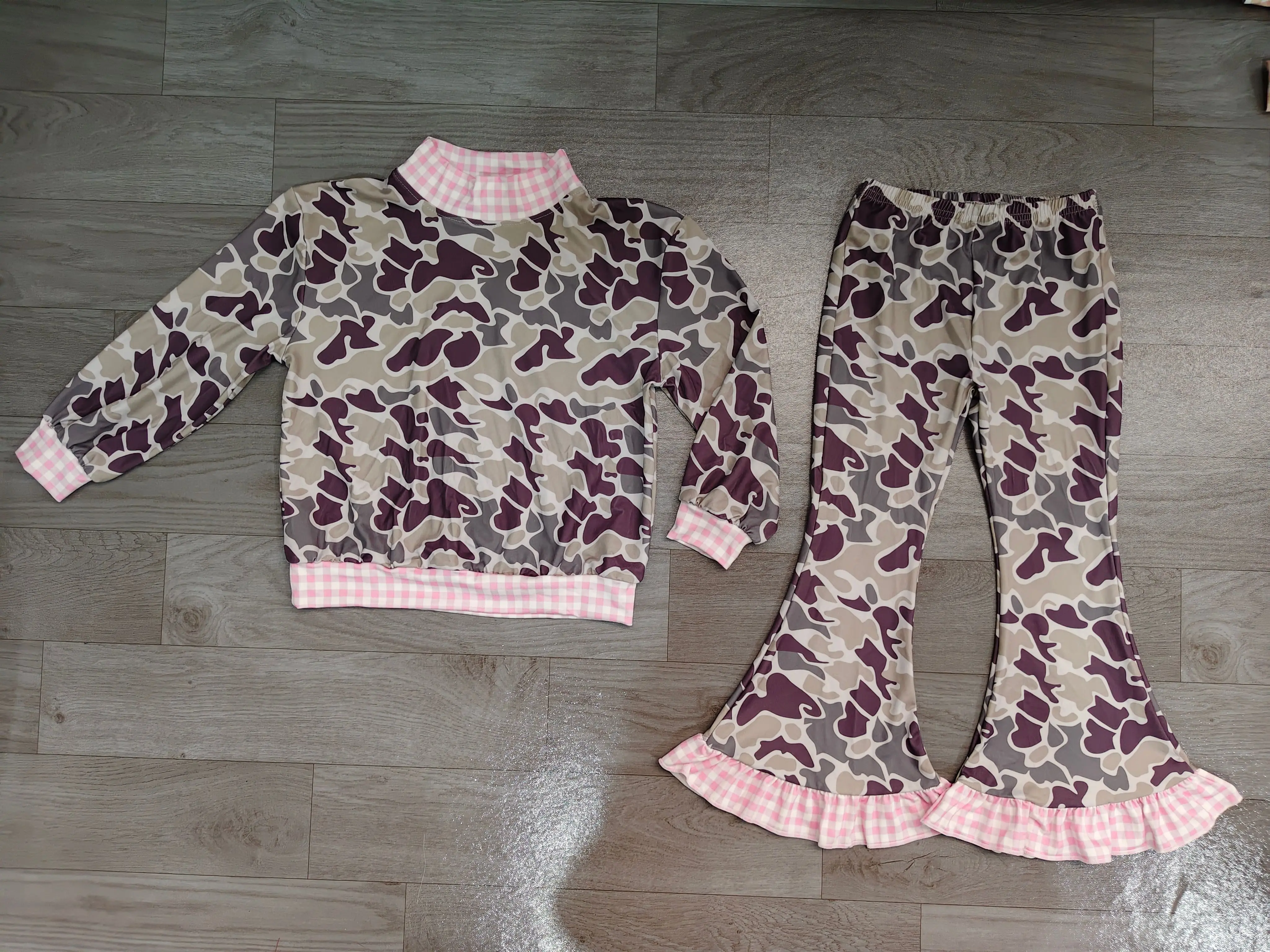 Wholesale Baby Girl Kids Long Sleeve Camo Pullover Shirt Children Set Toddler Ruffle Bell Pants Infant Girls Outfit Clothes