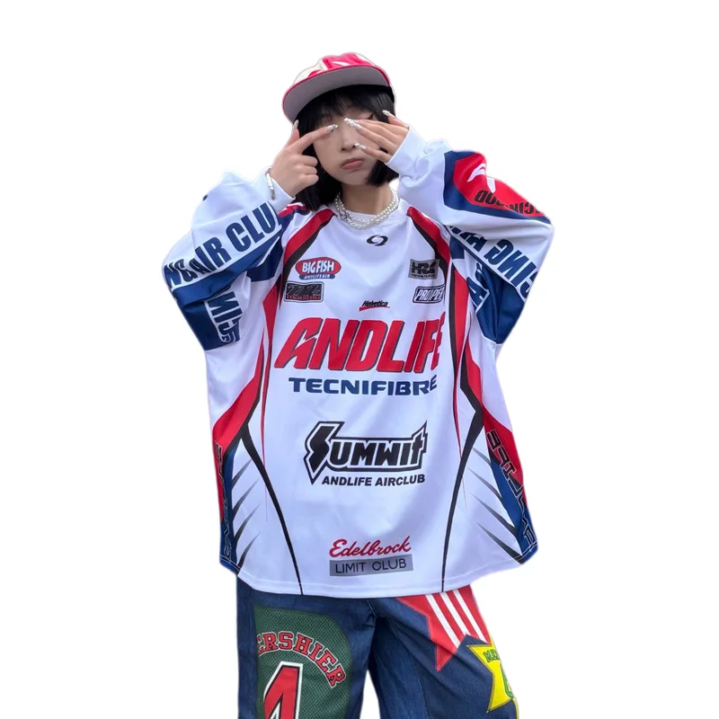 2026 Autumn Mesh Breathable Printed Racing Long Sleeve Tee Unisex Hip Hop Street Dance Top Trendy Loose Casual Shirt Men Women