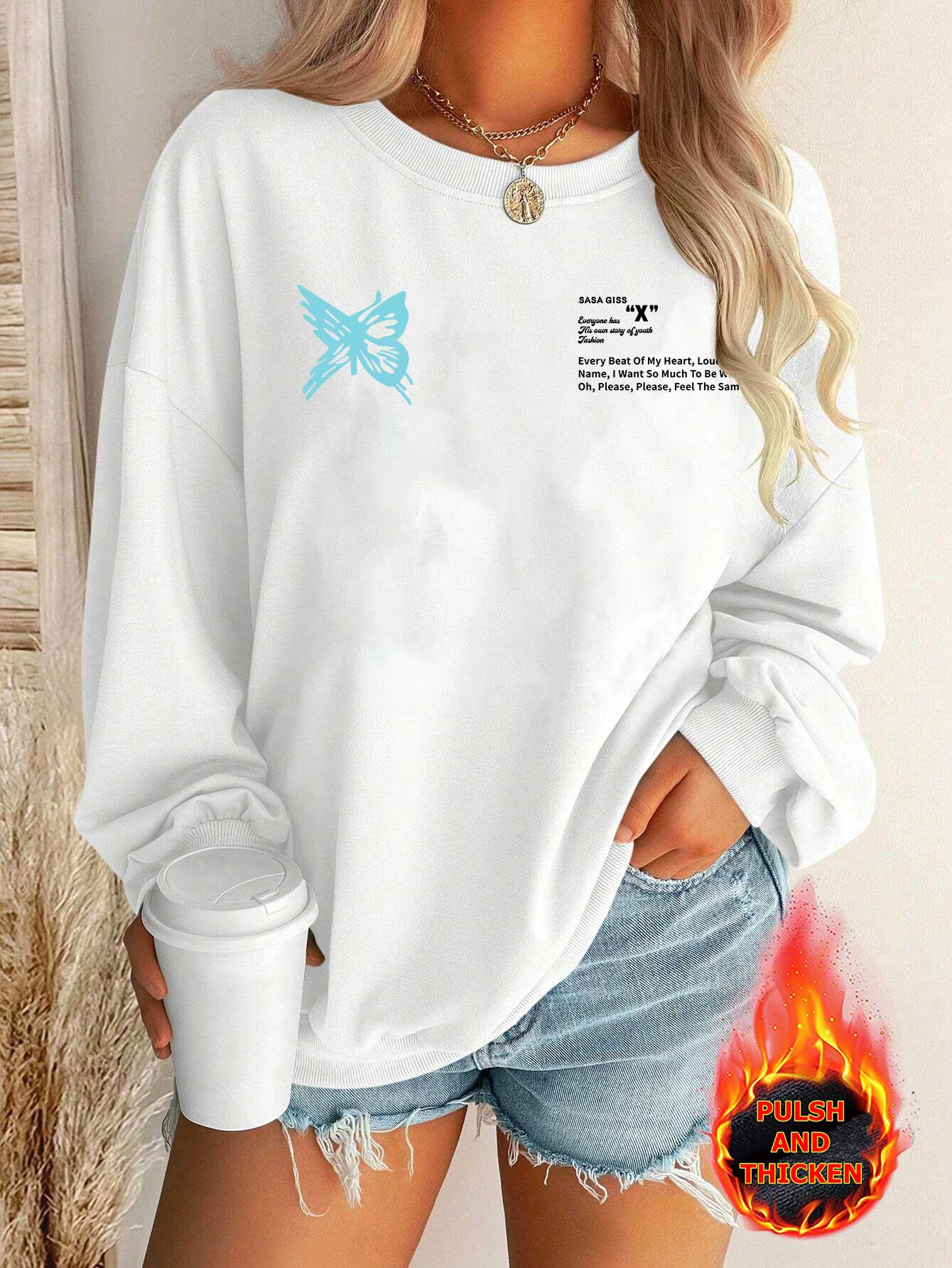 Elegant Women Cotton Hooded Crew Neck Essentials Sweatshirts Blue Butterfly Printed Casual Pullover Winter Clothes Women