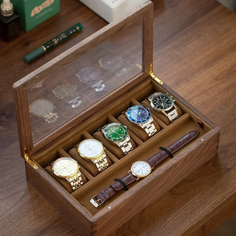 

Black Walnut Watch Storage Box High-End Velvet Lined Bracelet Organizer with Transparent Cover Dustproof Display for Watches