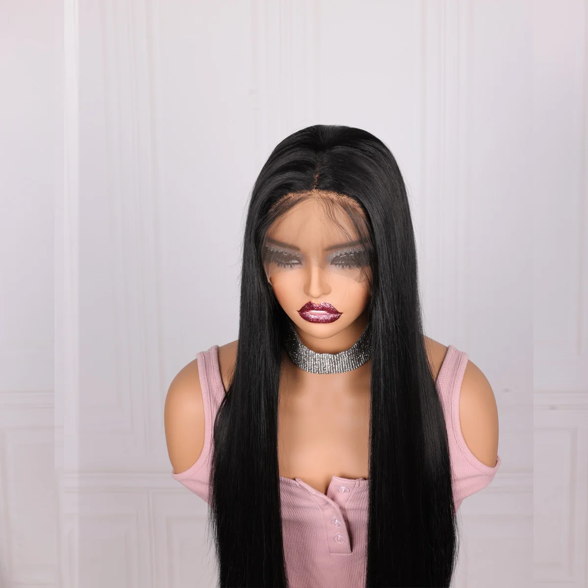 Perruque Lace Front Wig synthétique sans colle noire lisse et soyeuse, 26 pouces, densité 180%, avec Baby Hair, préplumée, 03/3