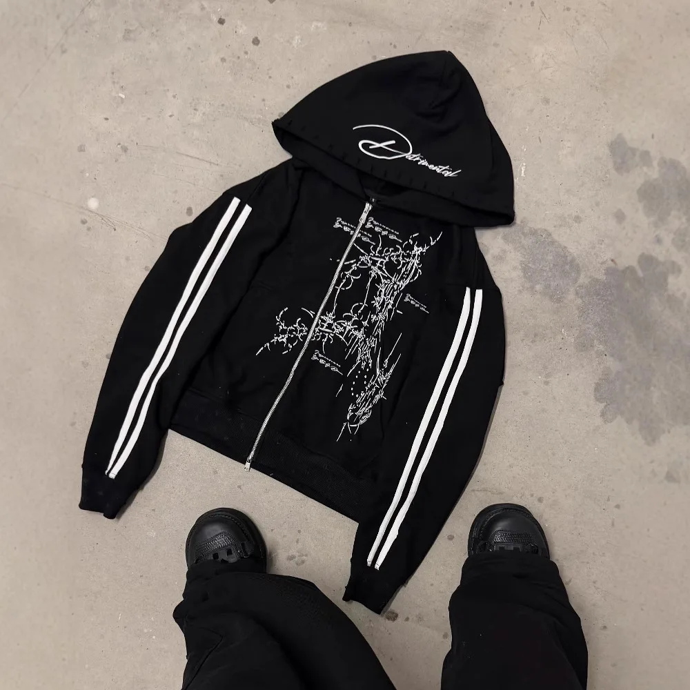 Gothic-Hoodie mit Dornen-Print und seitlichen Streifen, locker geschnitten, Y2K High Street, durchgehender Reißverschluss, Freizeitjacke für Damen und Herren – Detail 4