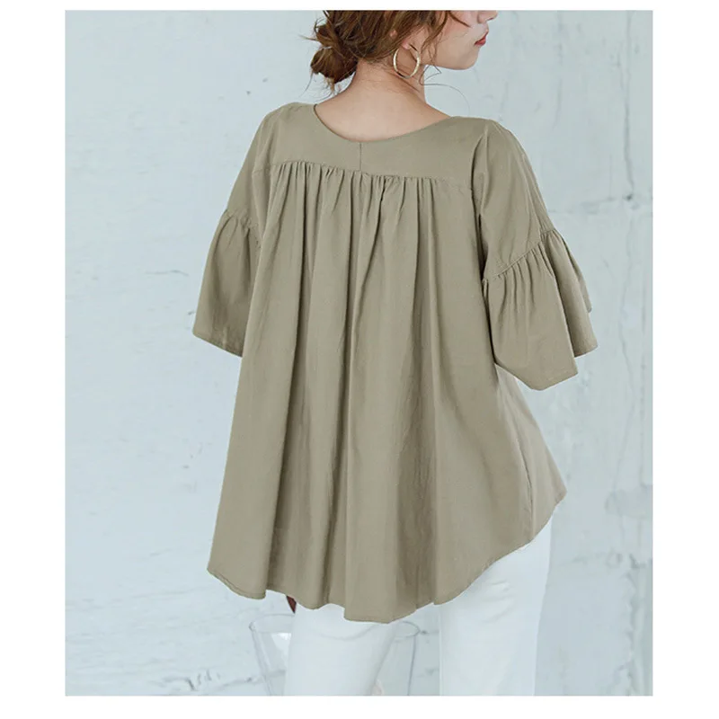 롯데 일본 및 한국 스타일 여성 반팔 셔츠 브이넥 러플 오프숄더 루즈 솔리드 컬러 캐주얼 삼분의이 소매