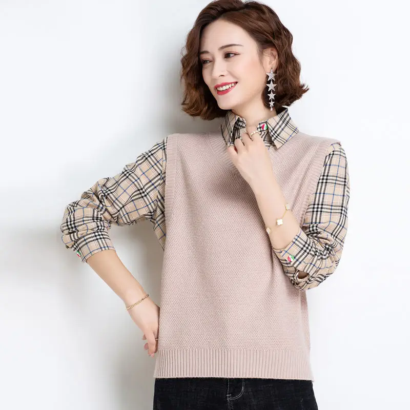 Women Fashion Shirt Collar Sweaters Autumn Vintage Fake Two Pieces Knitted Jumper Office Lady Plaid Loose Pullovers