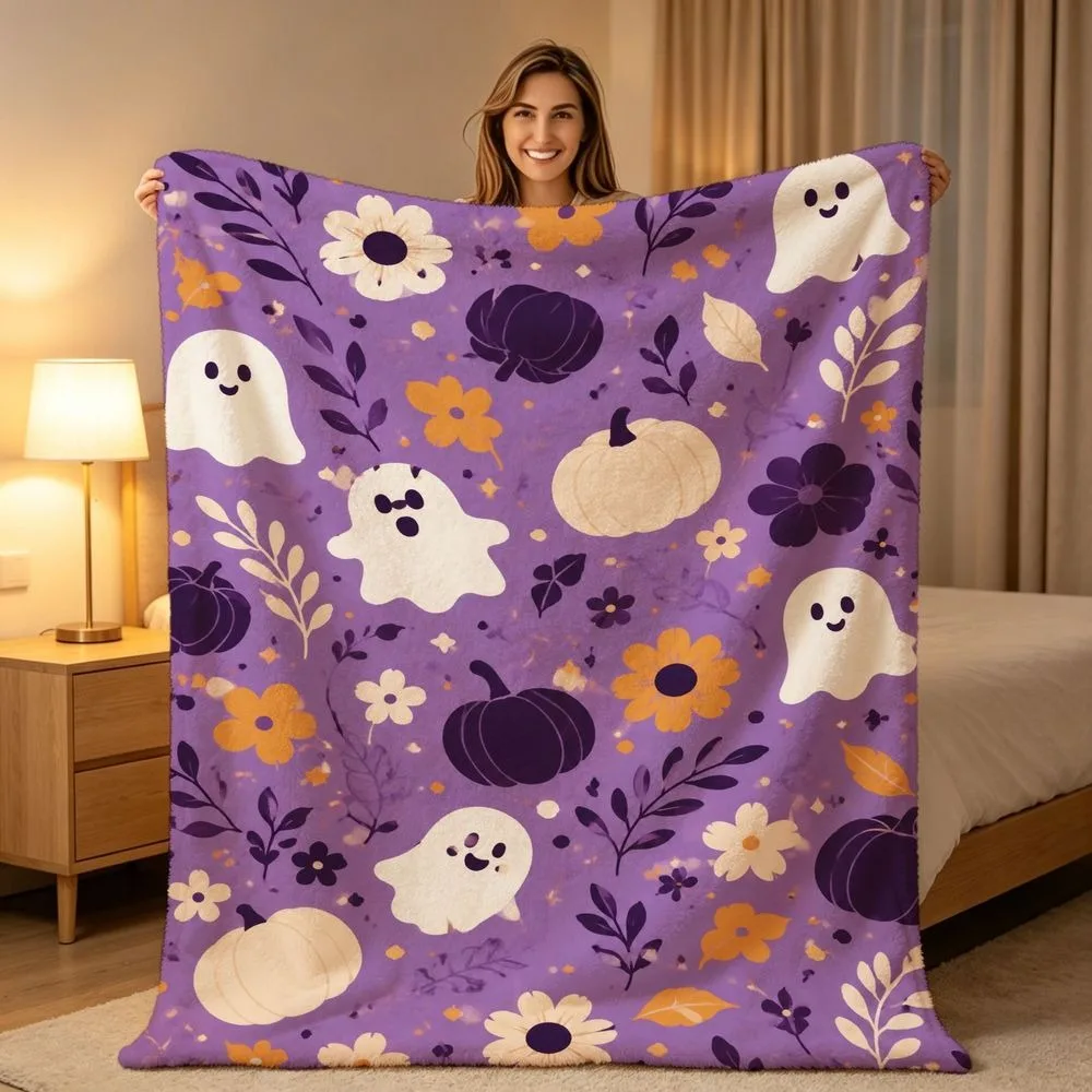 Pretty Purple Smiling Ghost Pumpkin Throw Blanket Plush Couch Cover For Sweet Halloween Party Home Decor Gift