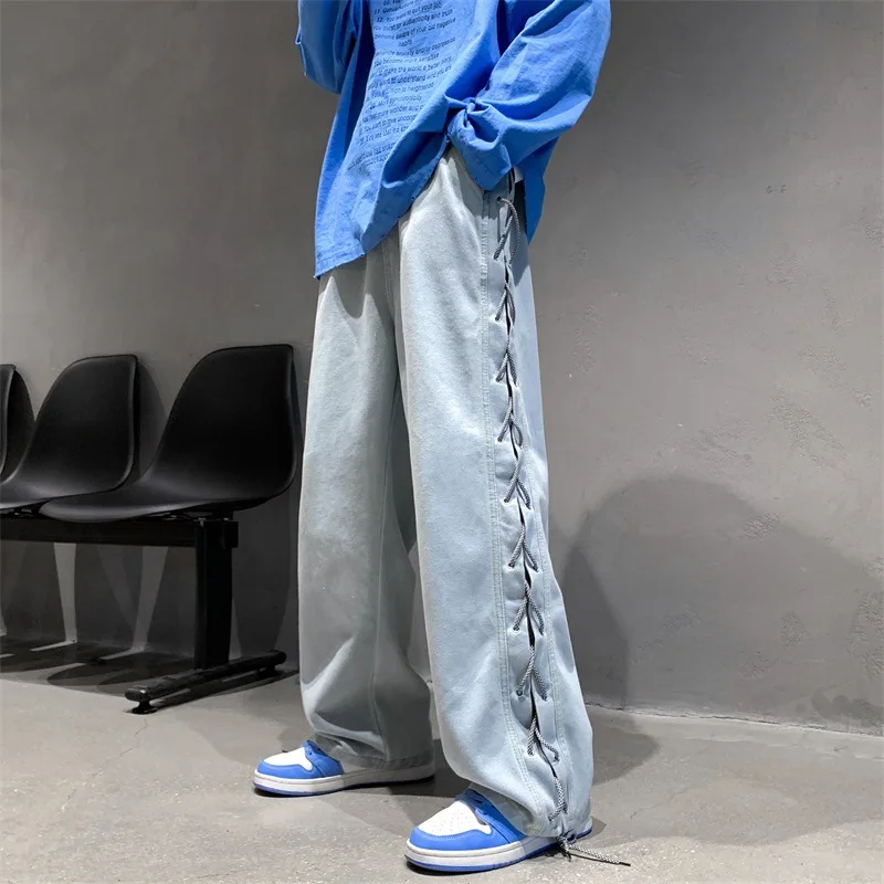 High Street Design Cross Strap Jeans Men Fashion Brands Ruffle Handsome Stylish Flow Loose Straight Casual Wide-Leg Trousers