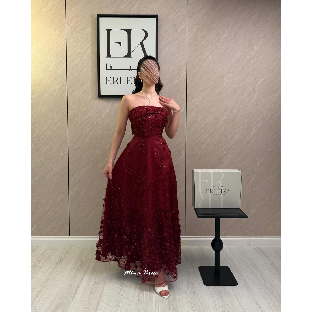 

Mina Customized Wine Red Arabic Evening Dress Luxury Elegant Party Dresses Woman 3D Flowers Dresses for Special Occasions Prom