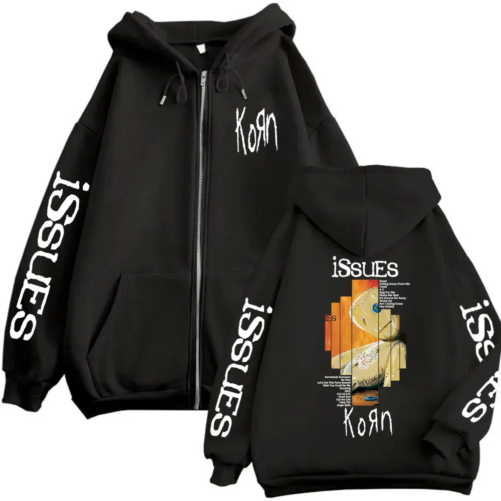 

Rock Band Korn Issues Album Graphic Zipper Hoodie Men Women Vintage Alternative Metal Oversized Zip Up Jacket Coat Sweatshirt