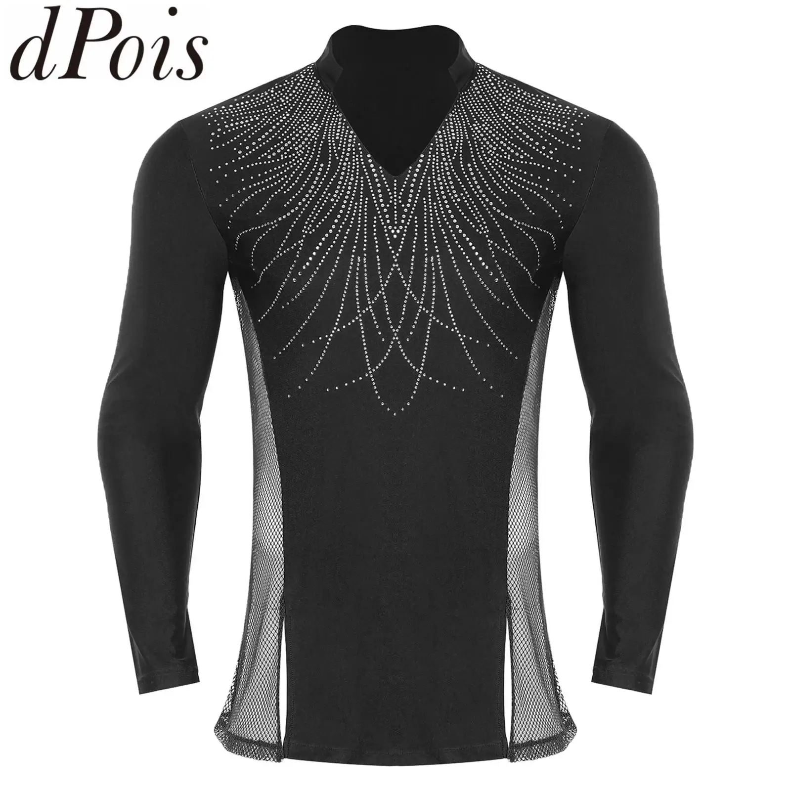 Mens Rhythmic Gymnastic Latin Tango Ballroom Dance Shirt Top Sheer Mesh Sparkly Rhinestone Disco Long Sleeve T-shirt Blouse