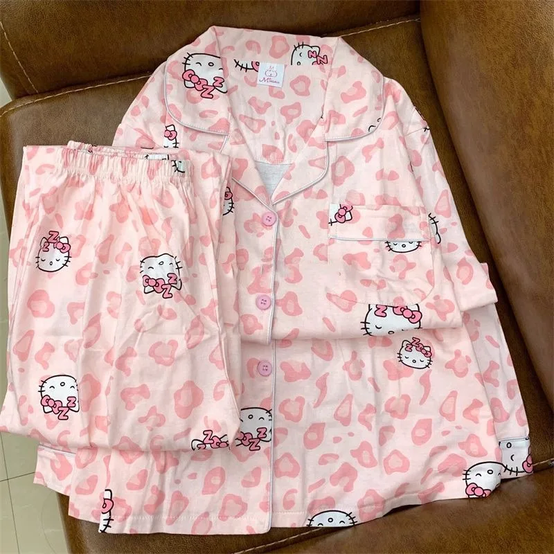 Hello Kitty Leopard Print Pajamas Pajama Pants Suit Spring and Autumn Casual Cardigan Long Sleeve Home Wear Suit for Women