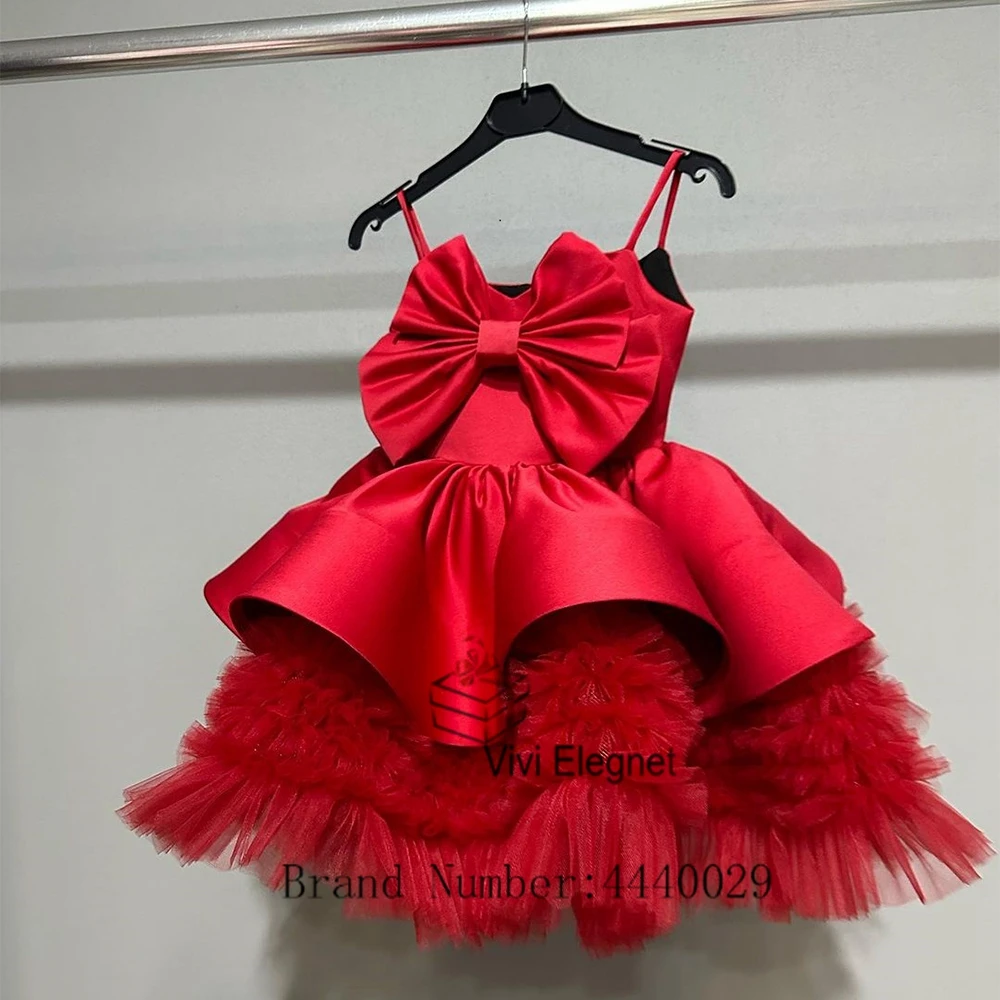 Red Spaghetti Strap Flower Girl Dresses Tiered 2023 Summer Tiered Big Bow Real Picture Wedding Party Gowns فساتين للحفلات الراقص