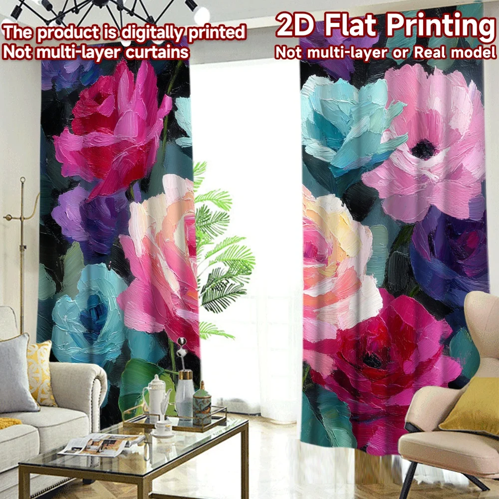 2D Flat Printing,2pcs Colorful Rose Bouquet Fashionable Popular Curtains Versatile Polyester Fabric Curtains Decorations