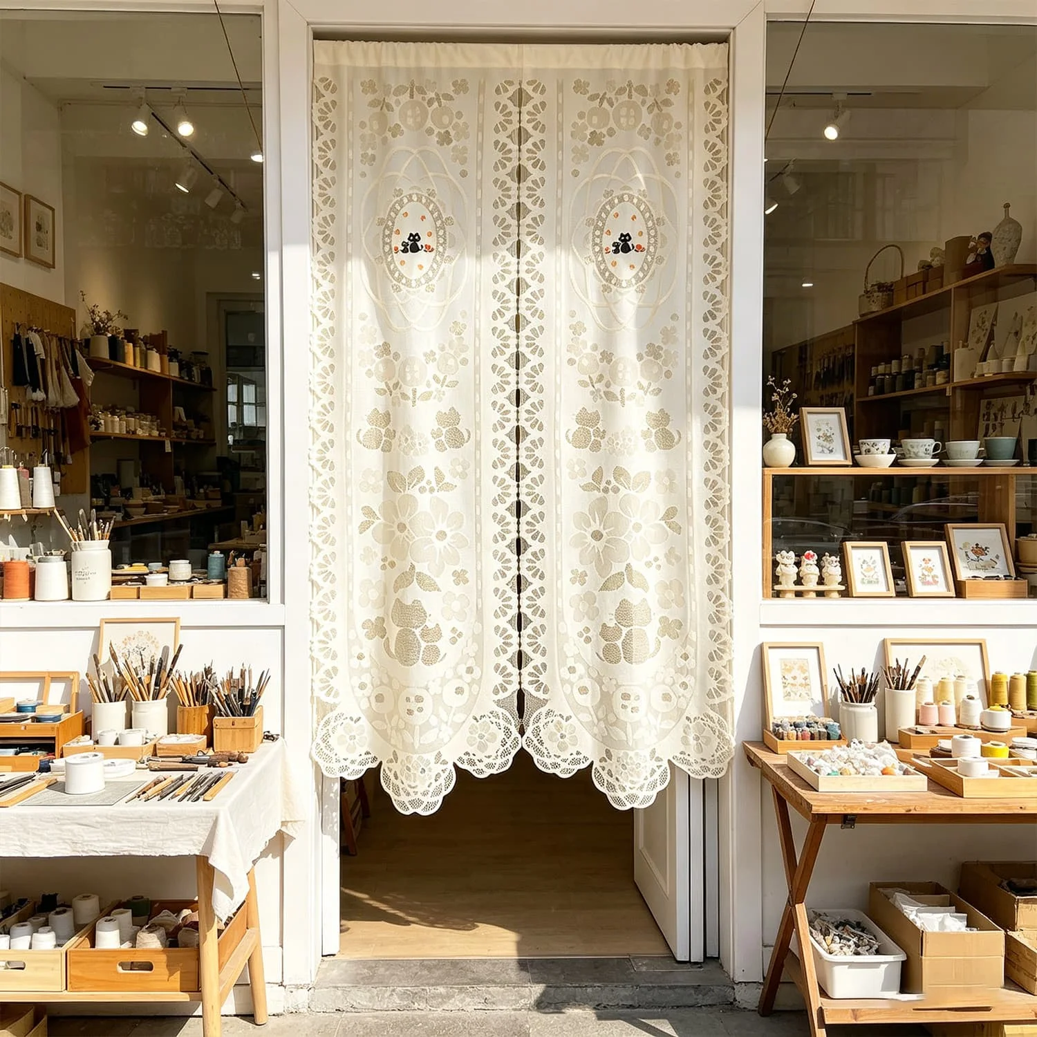 Cute Cat Lace Door Curtain Vintage Hollow Semi‑Sheer Rod Pocket Cabinet Curtain Kitten Flower for Home Cafe Window Decor