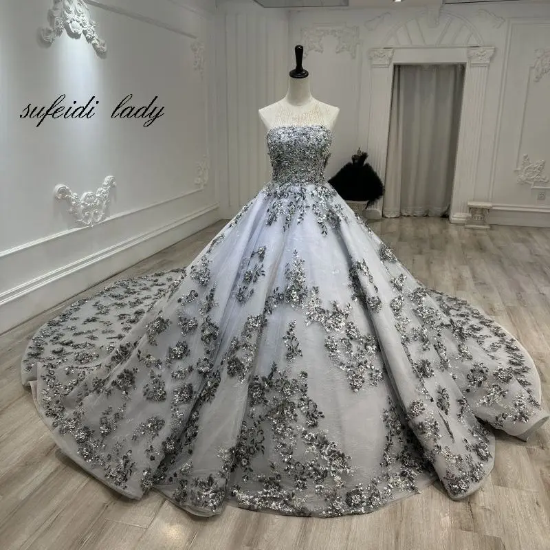 Robe de Mariée Grise en Dentelle, Tenue de Mariage Principale, Nouvelle Collection 2023