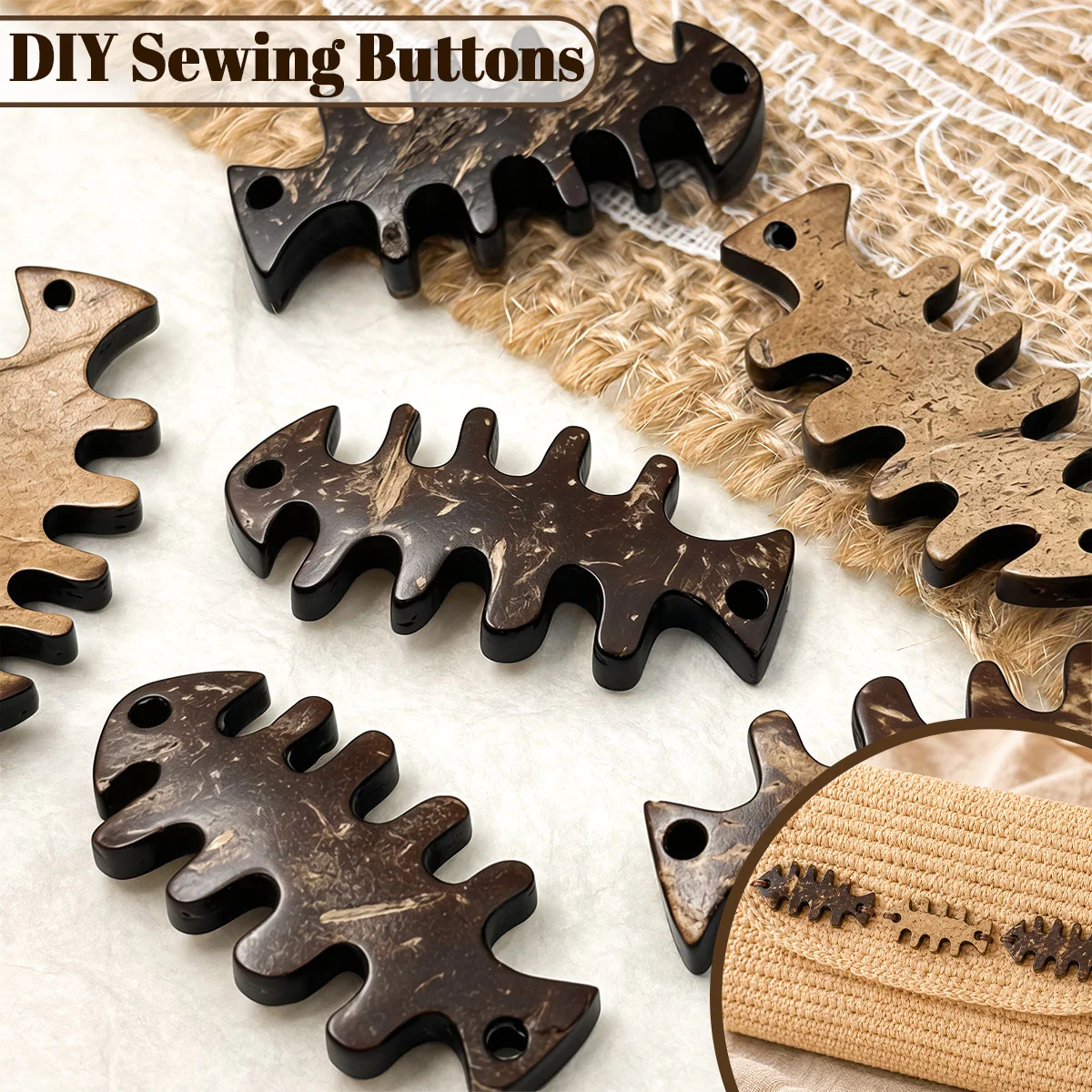 12pcs 34mm Fish Bone Shaped Coconut Shell Buttons, 2‑Hole Natural Coconut Buttons, DIY Sewing Craft Buttons for Clothing Bags