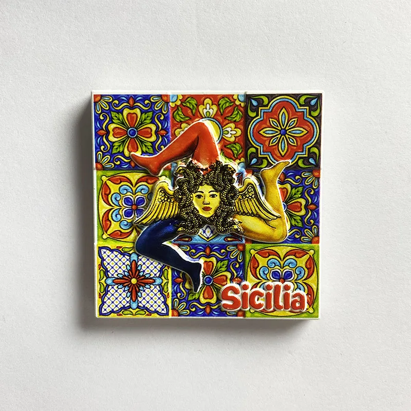 Recuerdos turísticos de Sicilia, suministros de decoración del hogar con baldosas. ‌ Imanes de refrigerador 3D de tres patas curvas, colección de artes y cra