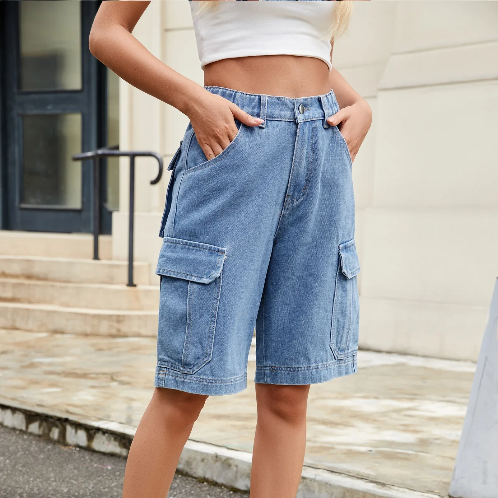 ジーンズ レディース カーゴパンツ ウエストゴム ウォッシュ加工 ダメージ加工 複数ポケット 膝丈ショートパンツ ストリートウェア ストレートデニム