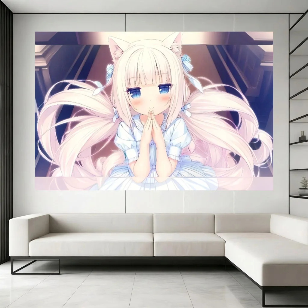 1pc N-Nekopara V-Vanilla Cat Girl Tapestry Blue Bows Maid Print Pastel Ideal for Bedroom Living Room College Dorm Home Wall