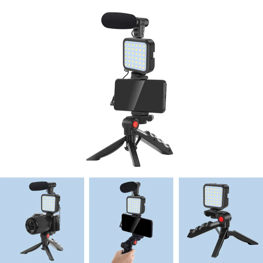 DSLR Camera Phone Vlog Tripod Vlogging Kit for Phone Interview Live YouTube Phone Holder Remote Control Microphone LED Light