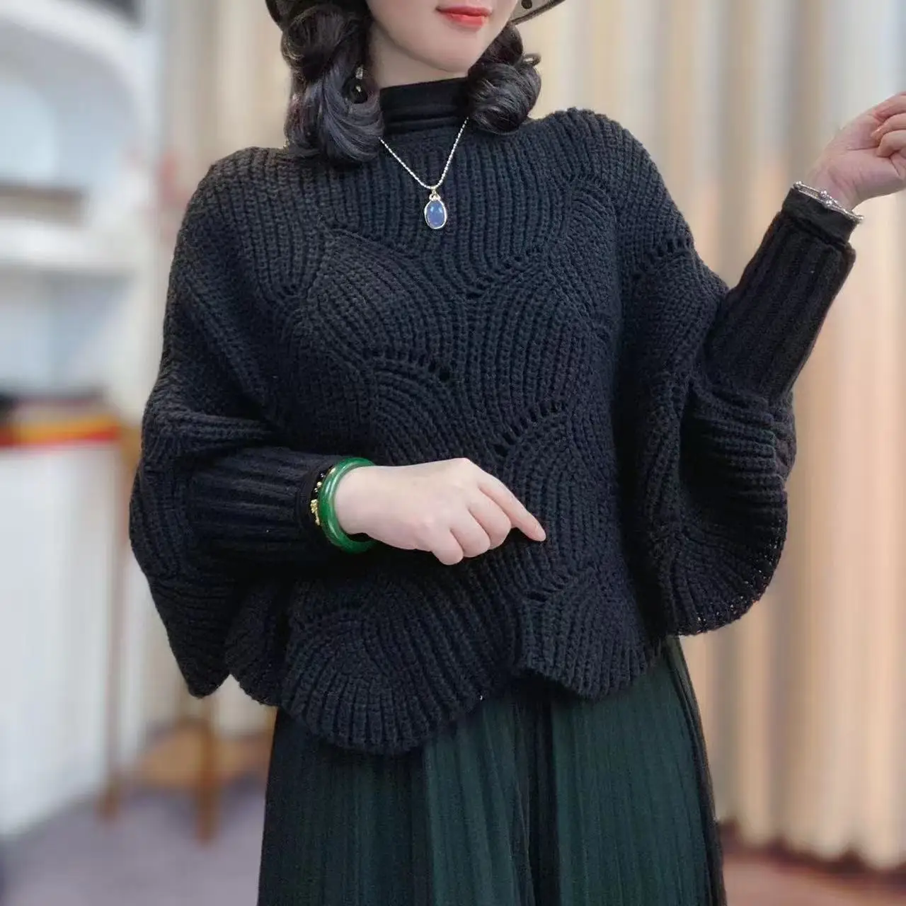 Otoño Invierno suéter de punto mujer pulóver Casual suelto manga larga Top hueco