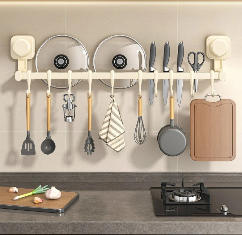 Multifunctional Suction Cup Kitchen Rack Wall Mounted Hook Organizer No Drilling for Pots Pans Spoons Knives Storage