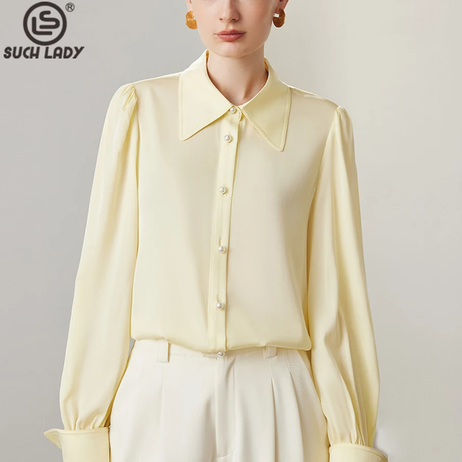 

90% Natural Silk 10% Spandex Women' Shirt Turn Down Collar Long Sleeves Elegant Office Lady Blouse Tops