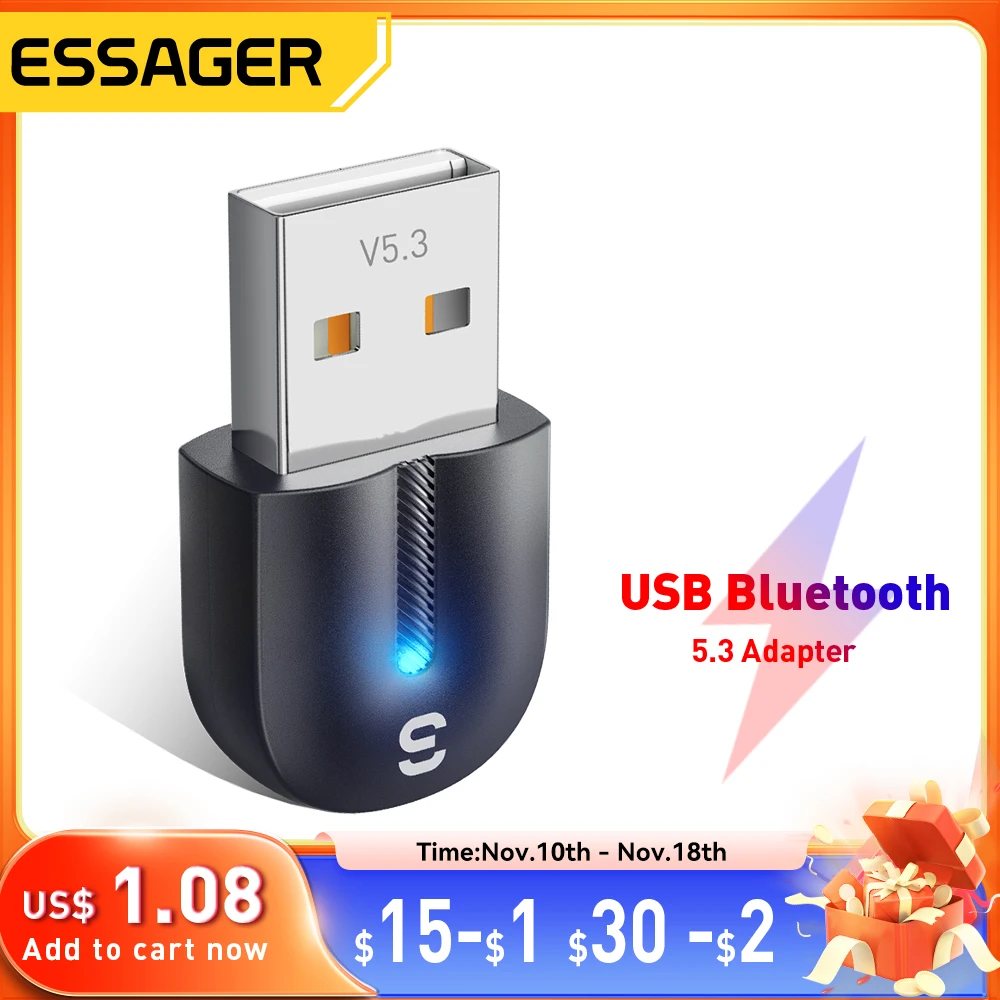 Essager USB Bluetooth 5.3 Adapter Aux Audio Receiver Transmitter For PC Speaker Laptop soundbox Wireless Mouse USB Transmitter