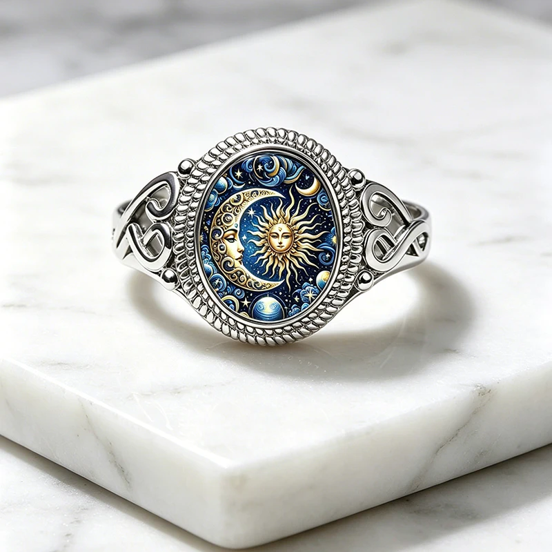 Vintage Sternenhimmel-Sonnen-Paar-Ringe im Boho-Stil, Stilvoller Hypoallergener Schmuck für Männer, Valentinstagsgeschenke – Detail 3