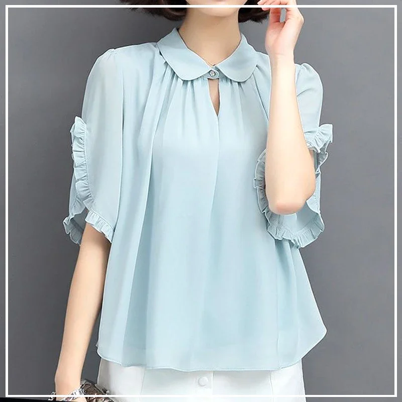 Summer Fashionable High-end Design with Hollowed Out Doll Neck and Ruffled Edge Short Sleeved Loose Casual Versatile Shirt ZT319