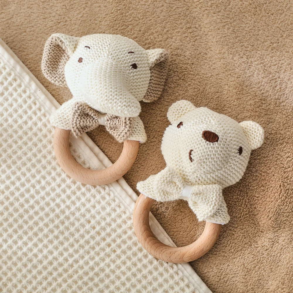 1PC Baby Rattle Toys Cute Bear Crochet Animal Toys Kawaii Wooden Teether Baby Product Mobile Crib Wooden Newborn Rattle Toys