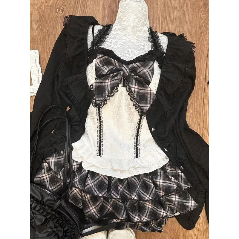 2000s American Vintage Suits Women Design Black Shirts Long Sleeve Cardigan + High Waist Plaid Skirt 3 Piece Suit Korean Fashion