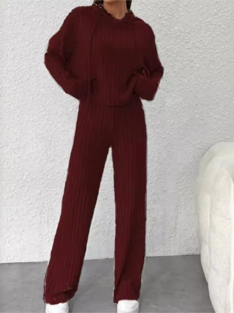 Frühling Herbst Frauen neue einfarbige lässig gestrickte gestreifte Kapuze Sweatshirt lose lang ärmel ige lange Hosen zweiteiliges Set