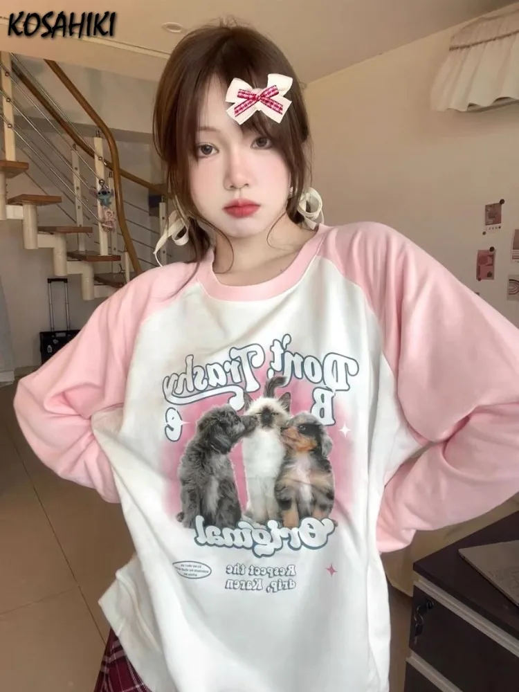 

Contrast Color Casual Kawaii Cartoon Print Sweatshirt Patchwork Sweet Cute Harajuku Hoodies Women Grunge Hoody Y2k Aesthetic