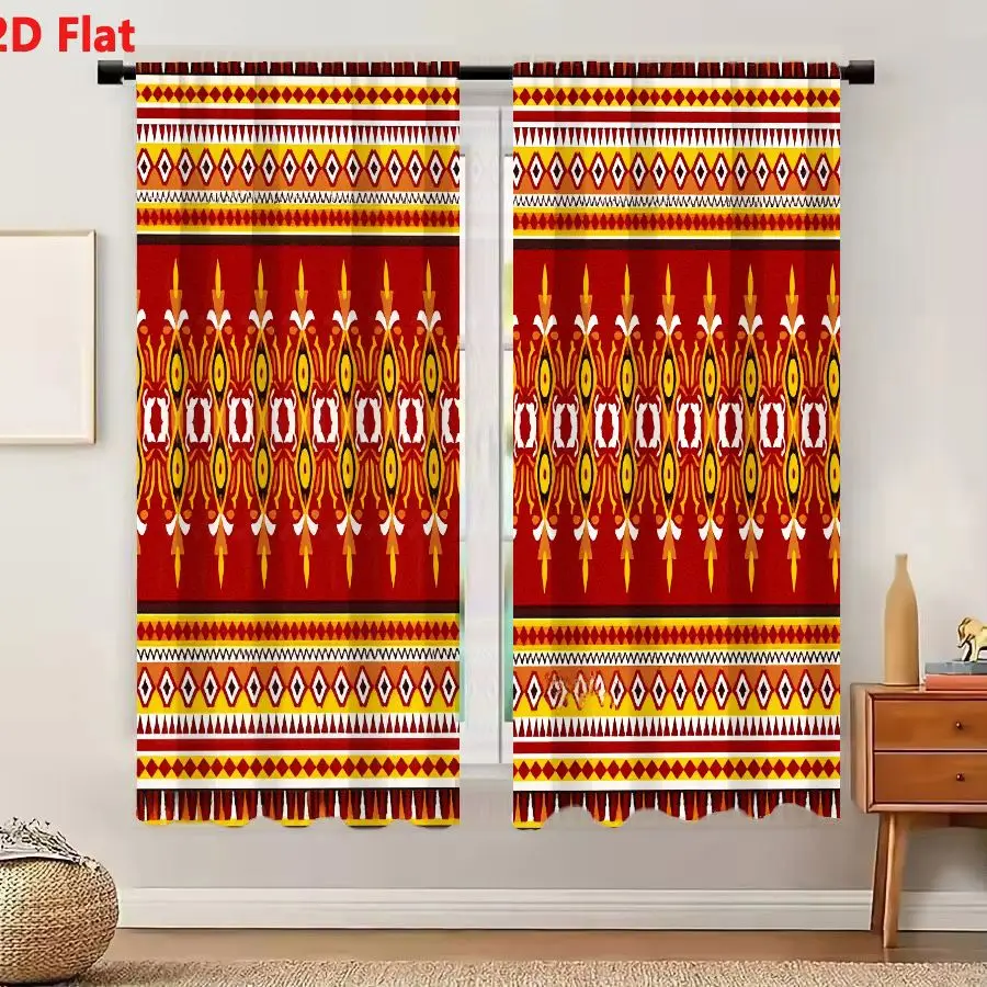 2Pcs Curtains 2D Flat Traditional Southeast Asian Ikat Textile Pattern With Red Gold Yellow White And Black Geometric Motifs Win