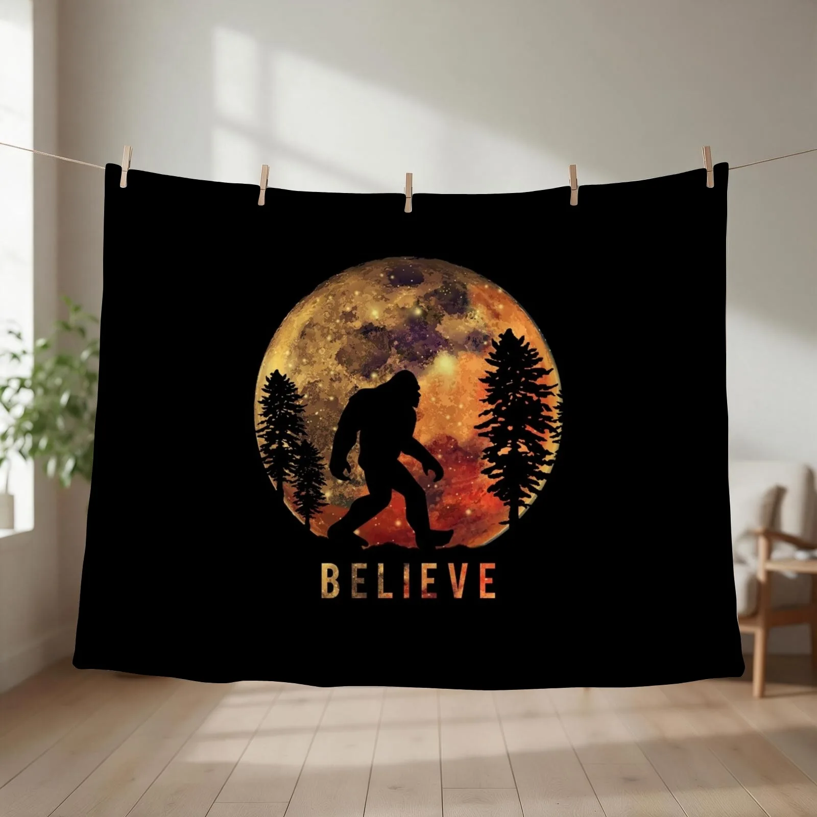 Bigfoot Sasquatch Full Moon Silhouette Believe Throw Blanket couch cozy soft plush fuzzy picnic outdoor blanket
