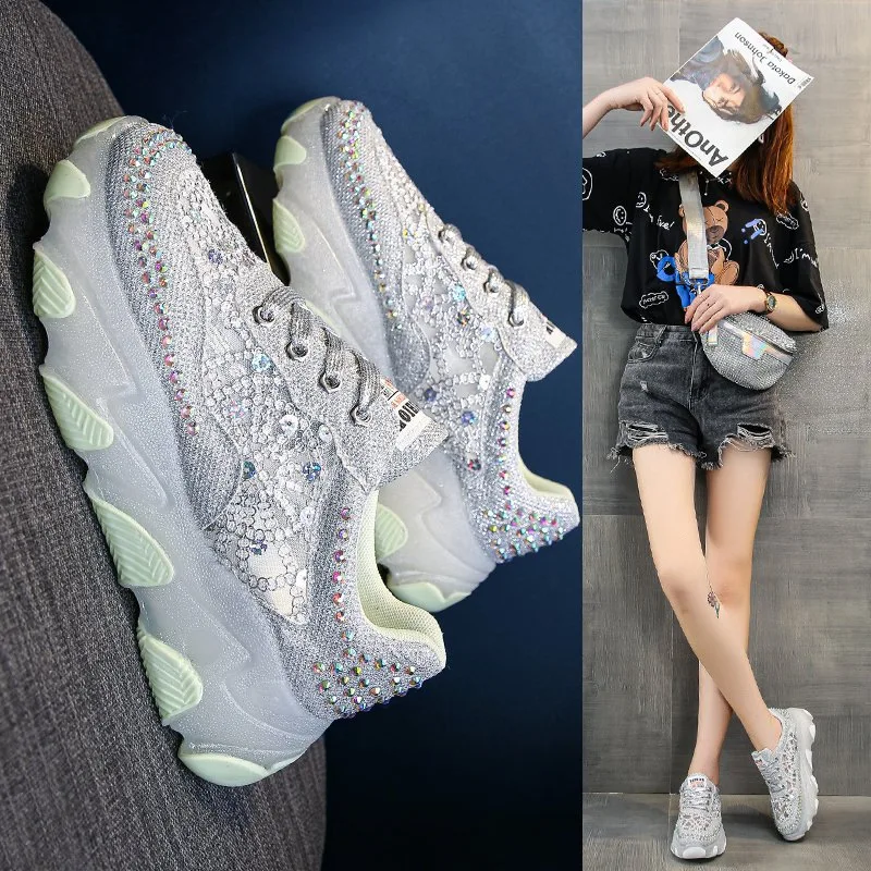 Women Sports Shoes Breathable Rhinestone Sparkling 2024 Autumn New Korean Version Jelly High Elasticity Thick Sole Casual Shoes