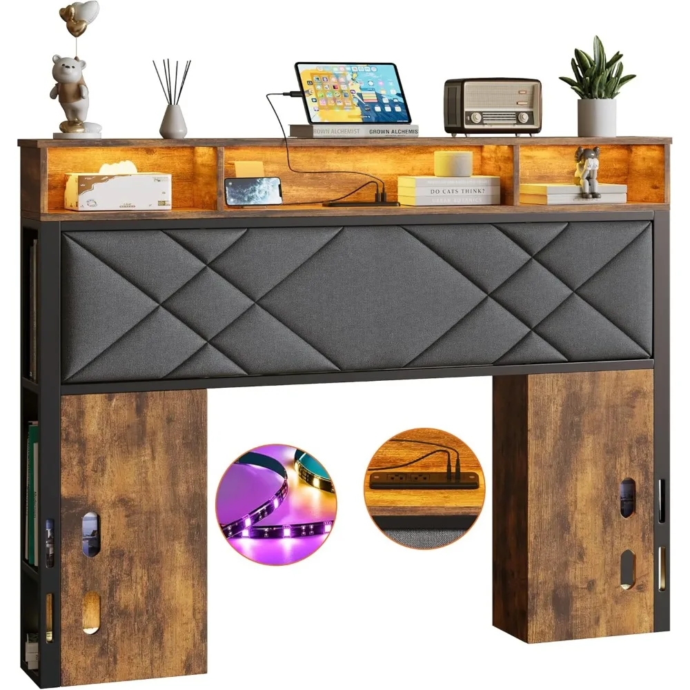 

Full Size Headboard, Bed Headboard with Wood Bookcase, Charging Station, LED Light, Adjustable Height, Headboards Queen with Sto