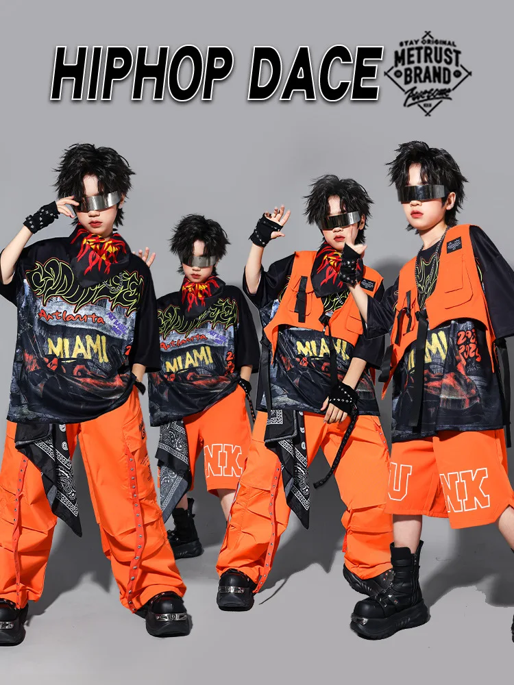 Boys Jazz Dance Stage Costume Children Hip Hop Trendy Suit Orange Shorts Oversize T-shirt Street Dance Outfit Streetwear