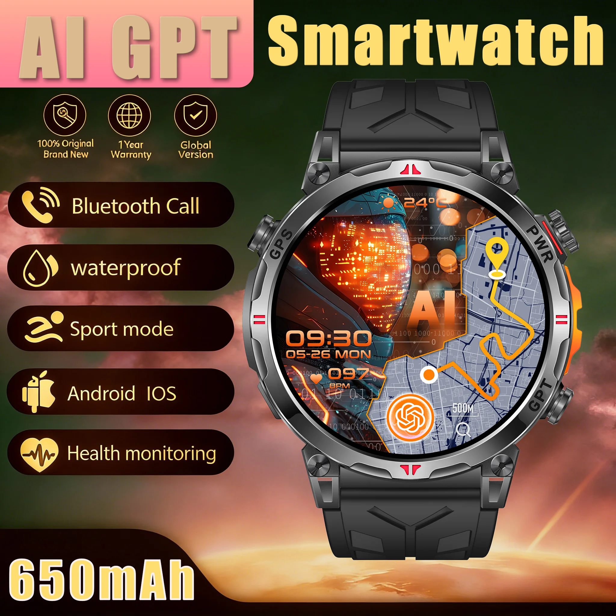 

Новые смарт-часы 2026 года с ИИ, GPS, водонепроницаемые, мониторинг здоровья, компас, AMOLED-экран, 650 мАч, Bluetooth-звонки, 100+ спортивных режимов, для мужчин, для активного отдыха