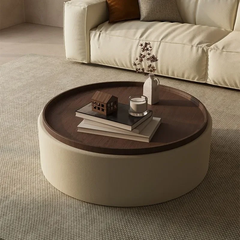 Modern Solid Wood Round Coffee Table Cream Color Mobile Side Table for Small Apartment Living Room Simple Light Luxury Design