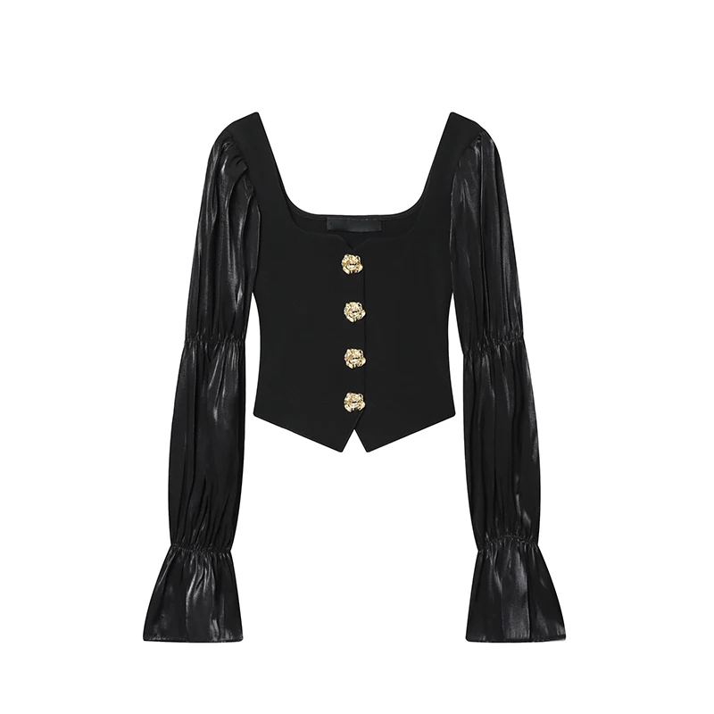 

Тонкий эластичный женский топ с квадратным вырезом и пуговицами, длинные пышные рукава, роговые манжеты, женские элегантные осенние короткие топы для женщин