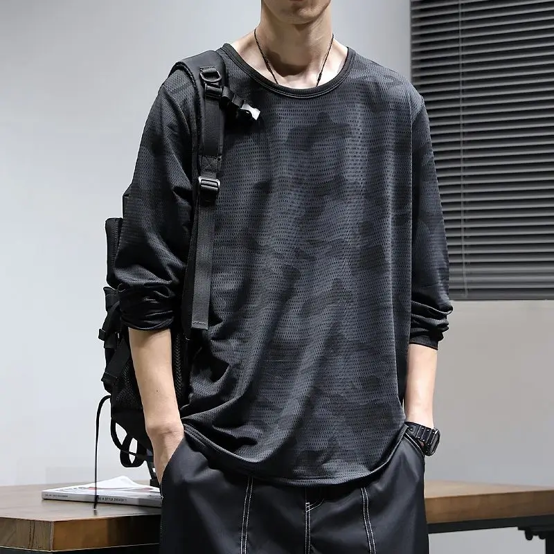 Quick Drying Ice Silk Long Sleeved T-shirt Men\'s Loose Round Neck T-shirt Summer Thin Sportswear Handsome All-match Male Top