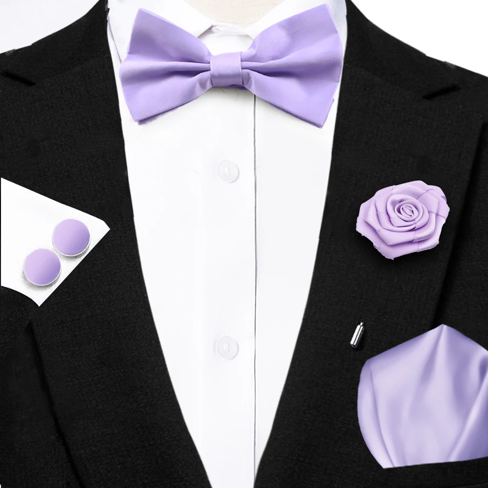 Newest Lilac Color Handkerchief Set Include Polyester Bowtie Cufflink Floral Brooch Groom Fit Suit Wedding Shirt Wear Accessory