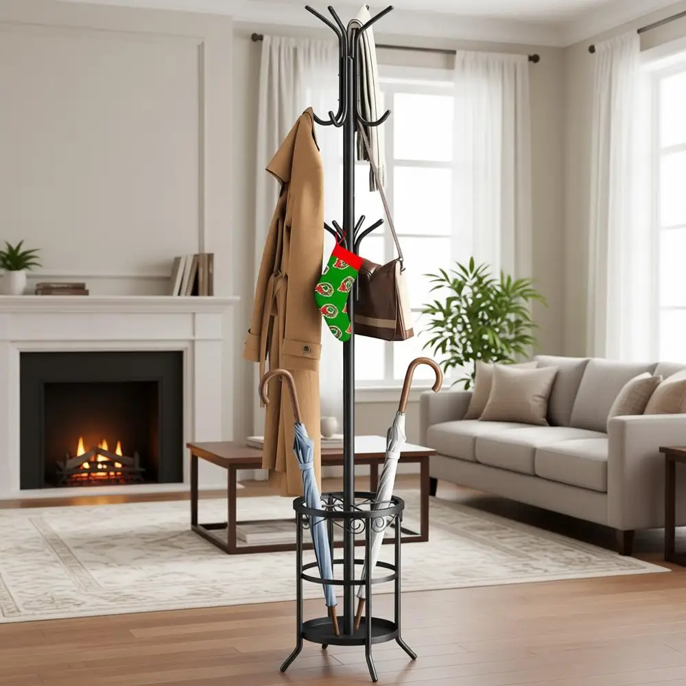 

Metal 12-Hook Coat Rack with Umbrella Stand - Black Entryway Storage