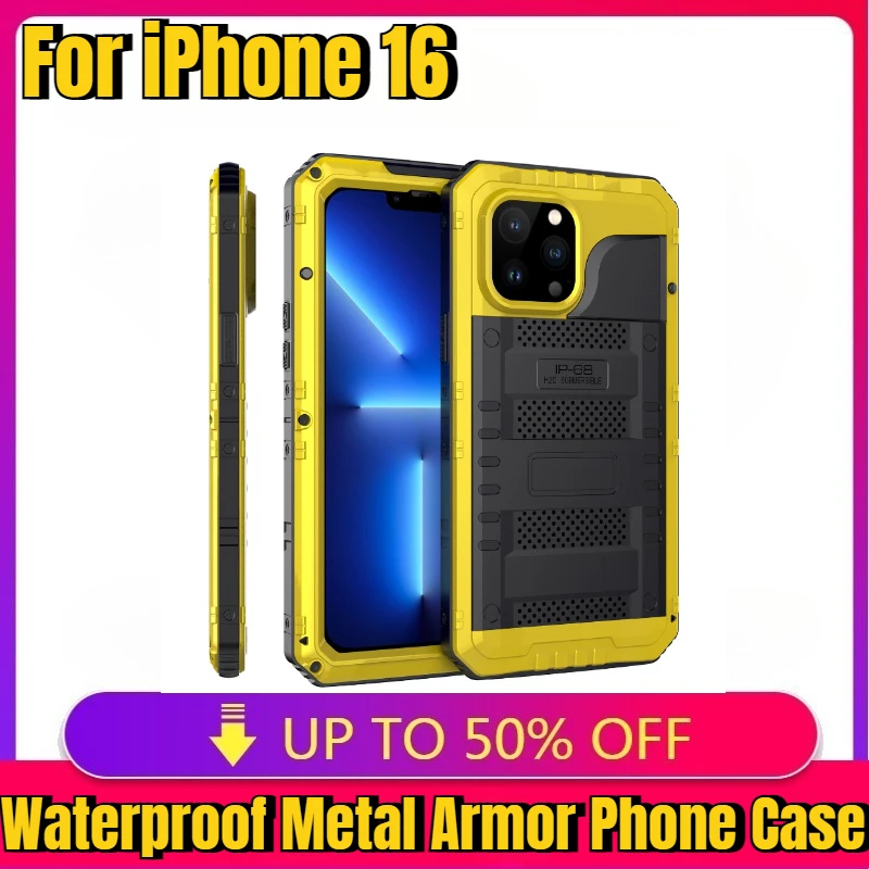 

New high-quality IP68 Waterproof Metal Armor Phone Case For iPhone 16 Pro Max Plus Aluminum Alloy&Silicone Shockproof Cover