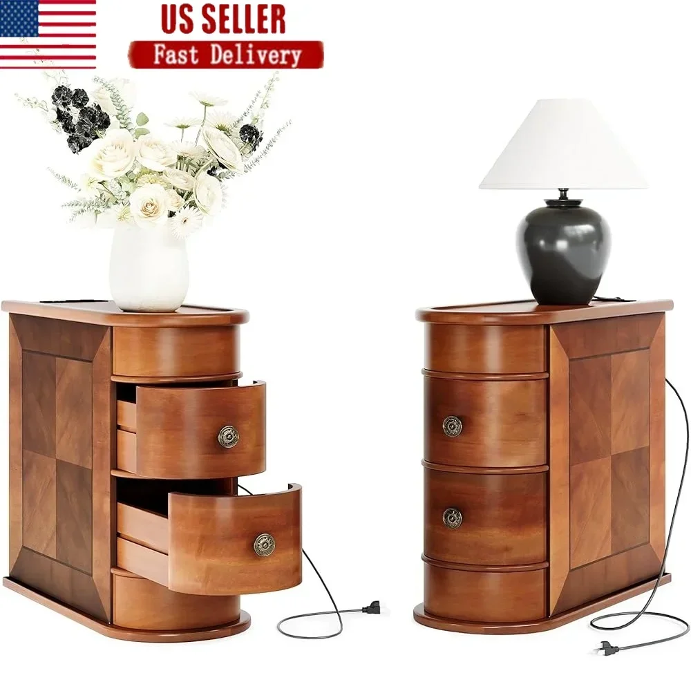 

Set of 2 End Tables with Charging Station No Assembly Required Portable Wooden Side Tables with 2 Drawers Slim Storage Solutions