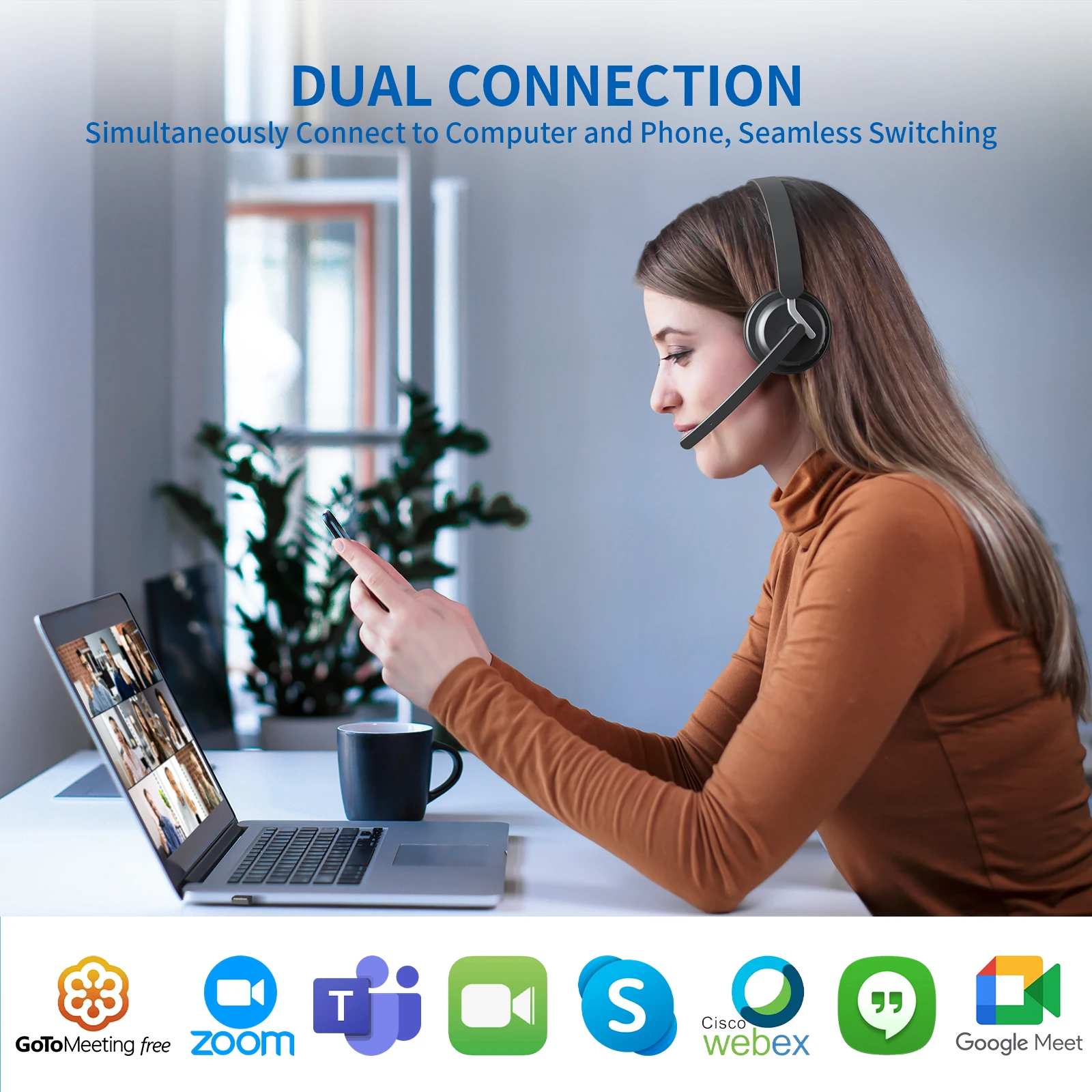 AWATRUE EH11 Kabelloses Bluetooth-Headset mit AI-Geräuschunterdrückung, Mikrofon und Ladestation, 2,4 GHz kabelloser Kopfhörer mit USB-Dongle – Detail 3